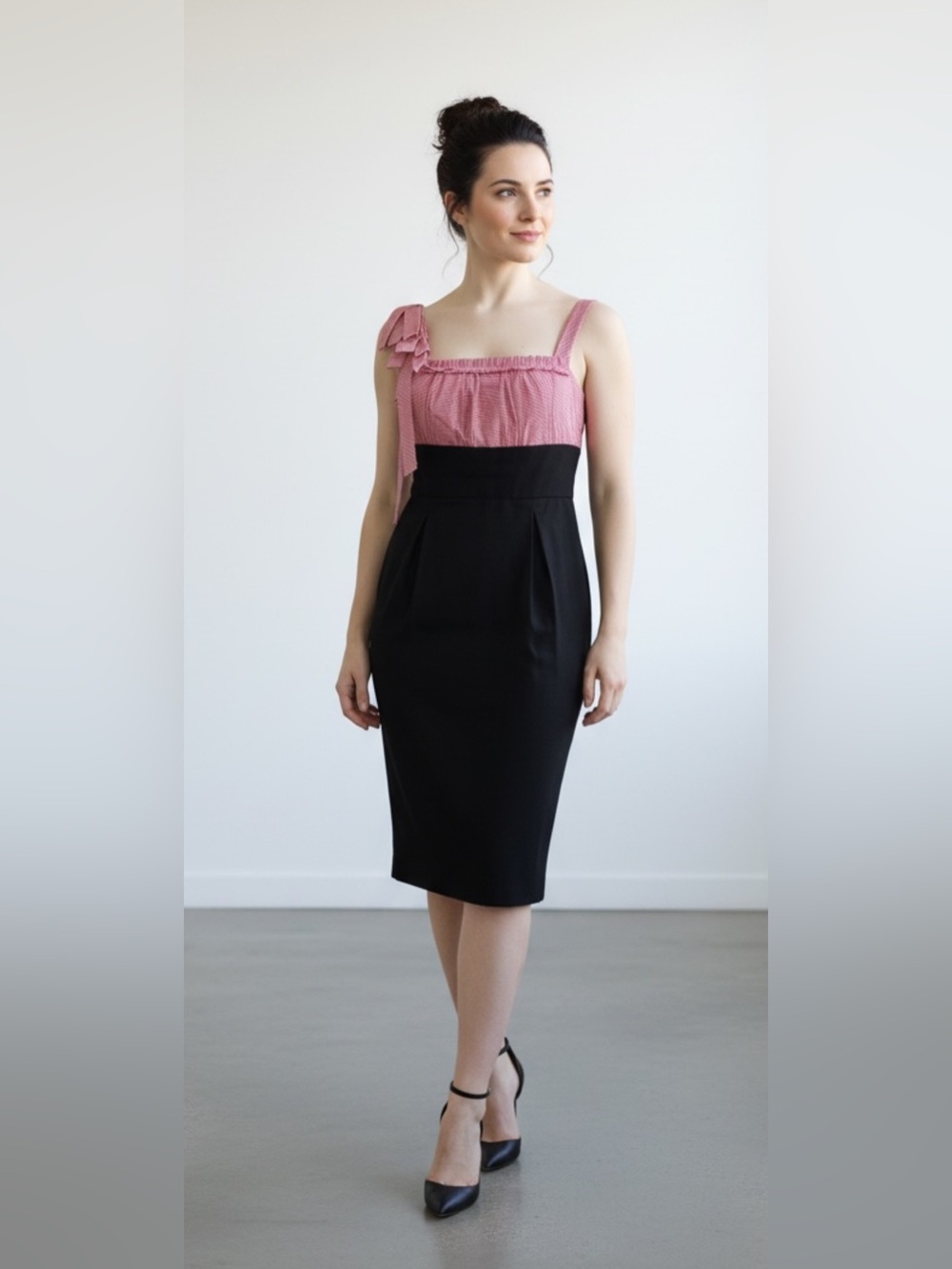 London Times navy Pencil Dress, Red & White Top Contrast, One Shoulder Bow Sz 6